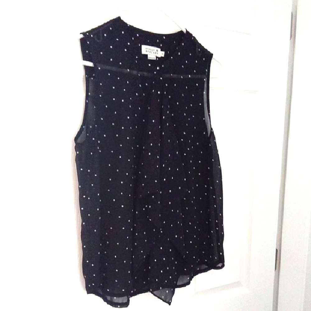 Molly Bracken Women's Black Blouse with White Dots and Front Ruffle Medium
